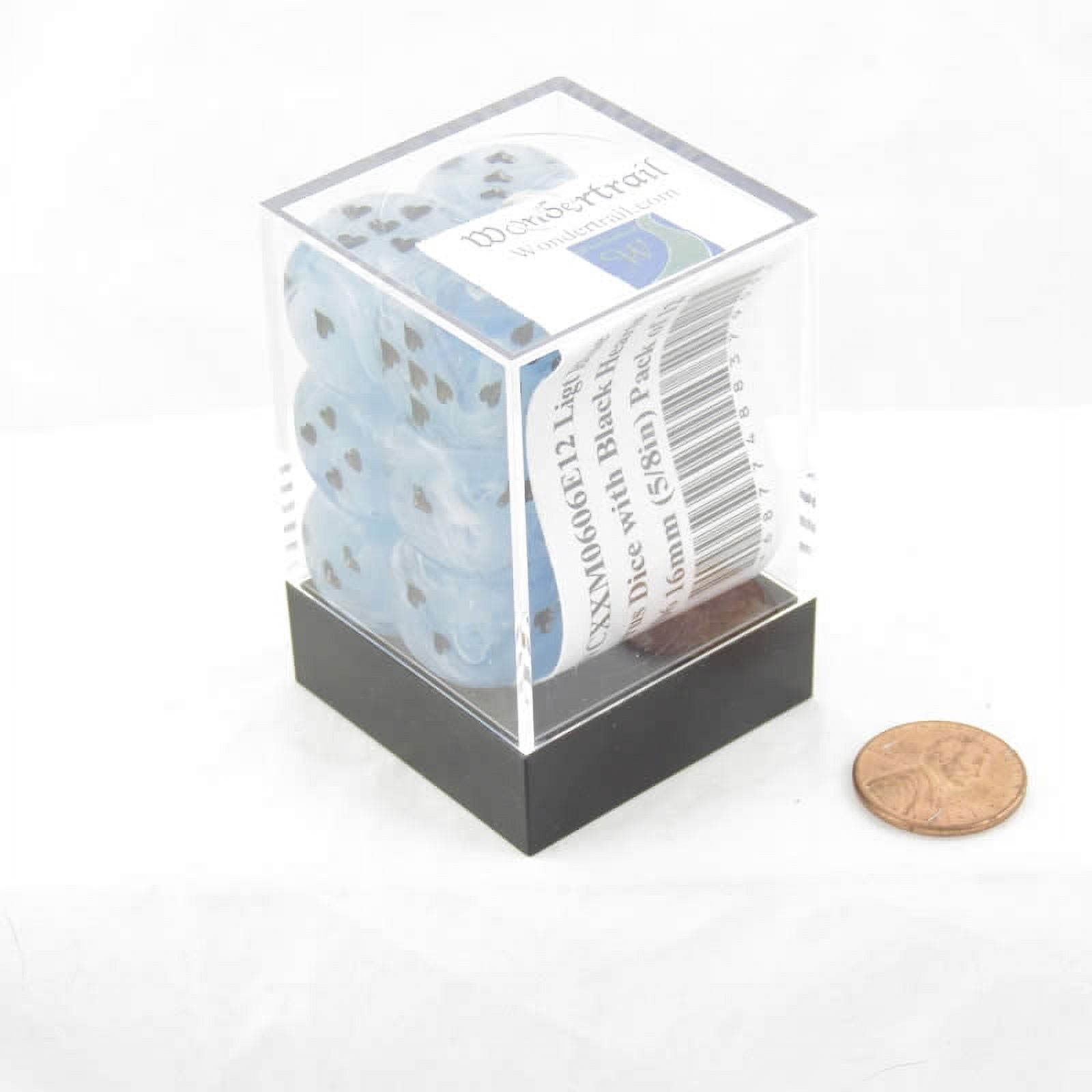 Ligt Blue Cirrus Dice with Black Hearts D6 16mm (5/8in) Pack of 12 Wondertrail