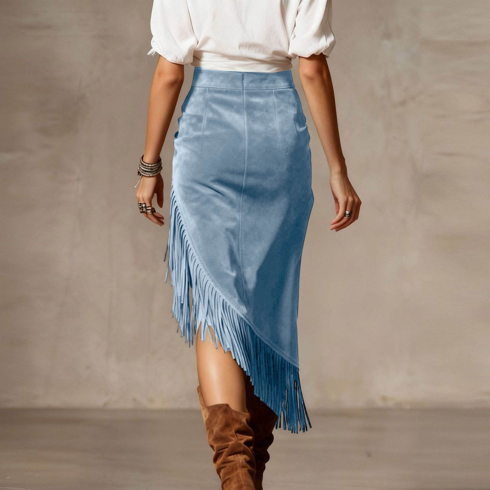 Women's Fringe Suede Maxi Skirt Western Style Asymmetric Ruched Bodycon Side Slid Cowgirl Tassel Long Skirts