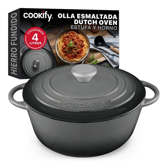 Olla de Hierro Fundido Esmaltado para Horno y Estufa Cookify (Gris, 24.8 cm, Capacidad 4 Litros)