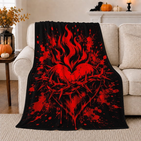 Red Flame Heart with Thorny Roses, Bold Gothic Style for Dark Art Lovers, Fiery Love Emblem and Valentine's Day Gift, Soft Flannel Blanket for Bedroom and Living Room, Home Decor