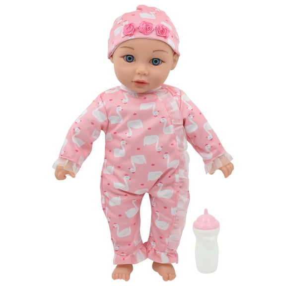 Little Darlings: 14" Kiss N Tickles Baby Doll - Pink, White, Swan - Soft Body, Sounds, Light Up Cheek, Accessories, New Adventures, Toddler Kid Age 2 
