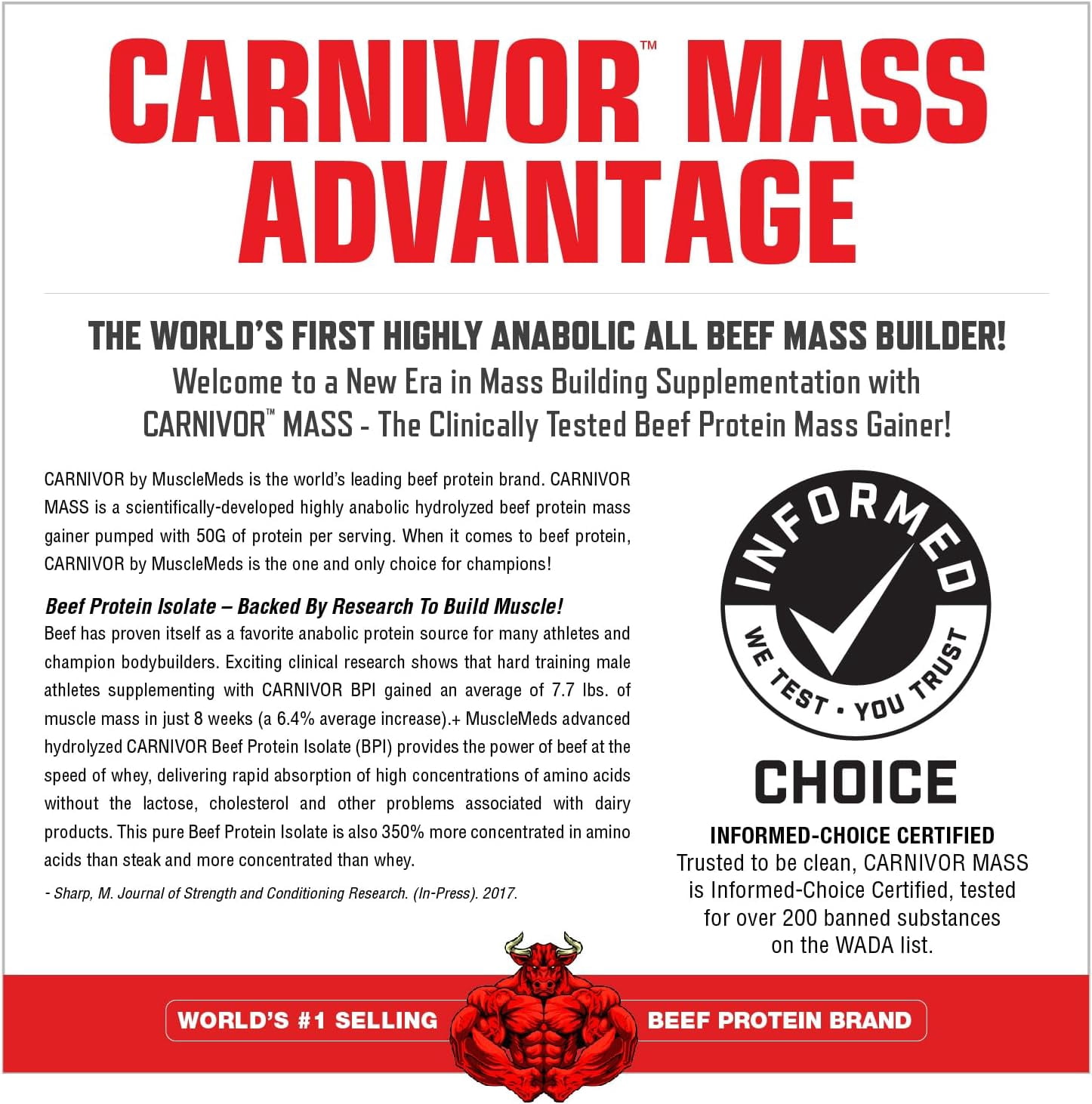 MuscleMeds Carnivor Mass Gainer – 50 g Beef Protein Isolate & 125 g Reactive Carbs – Sugar‑Free, Fat‑Free, Lactose‑Free – Chocolate Peanut Butter, 6 lb