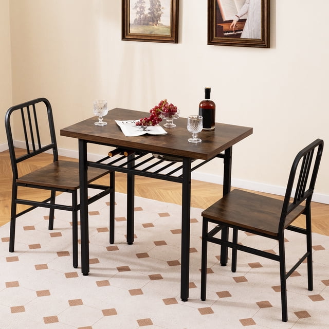 Gymax 3-Piece Rectangular Dining Table&Chairs Set Wooden Breakfast Nook w/Storage Rack Rustic Brown & Black