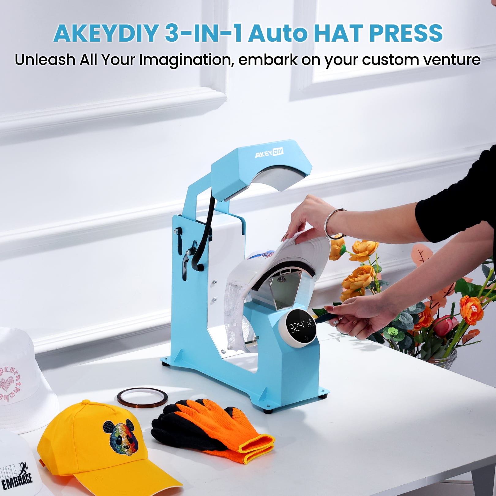 Adnoom 3-in-1 Hat Heat Press, Auto Cap Heat Press Machine with 3 Platens, Blue