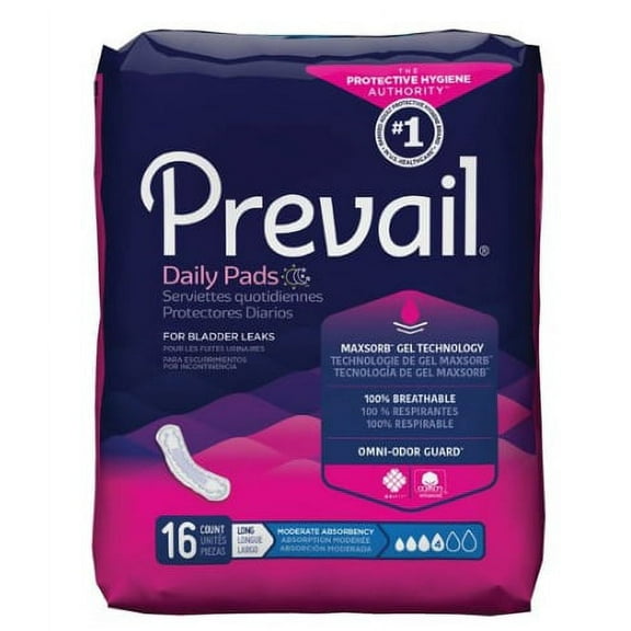 First Quality Bladder Control Pad Prevail Daily Pads 11 Inch Length Moderate Absorbency Polymer One Size Fits Most Female Disposable Pack of 16