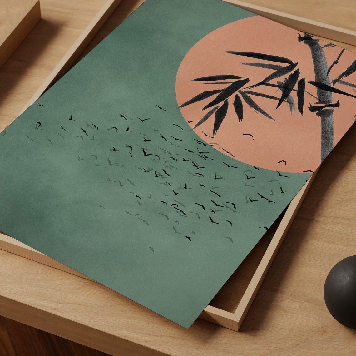 Japanese Wall Art Print Flying Birds Sage Green Bamboo Landscape Orange Sun Japandi Zen Wabi Sabi Living Room And Gallery Wall Decor
