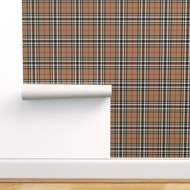 Peel & Stick Wallpaper Swatch Tartan Plaid Scottish Tan Brown Black White Custom Removable