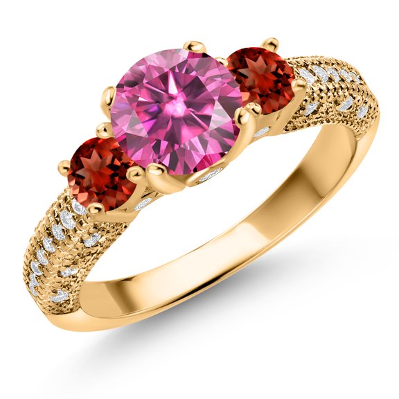 Gem Stone King 18K Yellow Gold Plated Silver Pink Moissanite Red Garnet and White Moissanite Engagement Ring for Women (2.02 Cttw, Gemstone, Round 7MM and 4MM, Size 6)