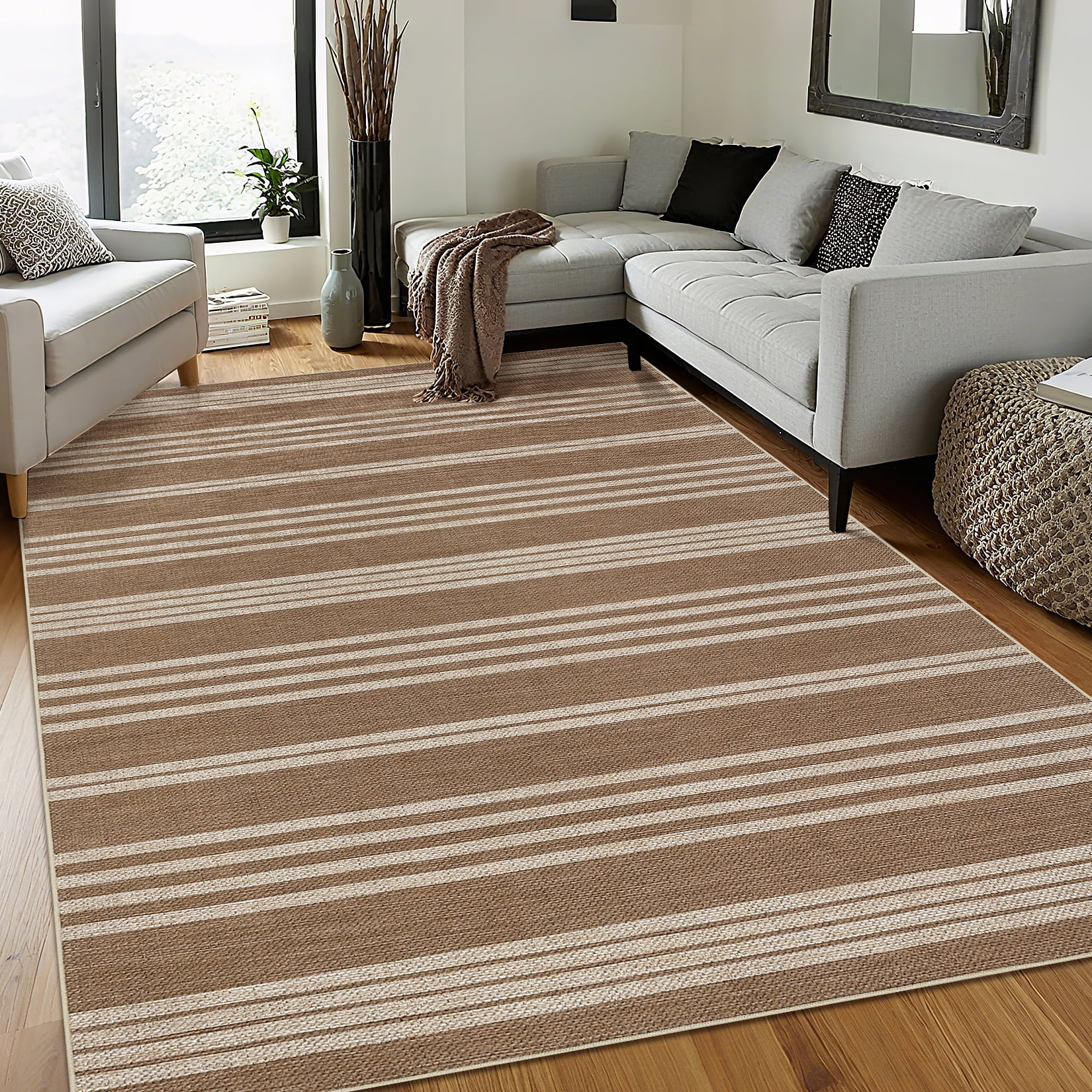 Garvee 5'x7' Modern Striped Area Rugs Easy Jute Rug with Non-Slip Backing, Washable Rug Neutral Print Indoor Outdoor Carpet for Bedroom Living Room Patio, White Coffee