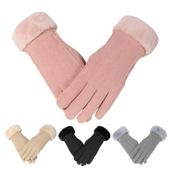 harmtty 1 Pair Full Finger Solid Color Women Gloves Plush Lining Fluffy Cuffs Winter Thermal Gloves Hand Protect Cover Khaki
