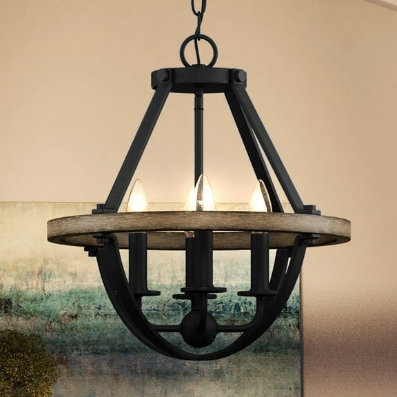 Luxury Modern Farmhouse Indoor Chandelier, 17.00''H x 16.00''W, with Traditional Style Elements, Posh Design, Natural Black Finish and Open Steel & Wood Frame, UQL4260