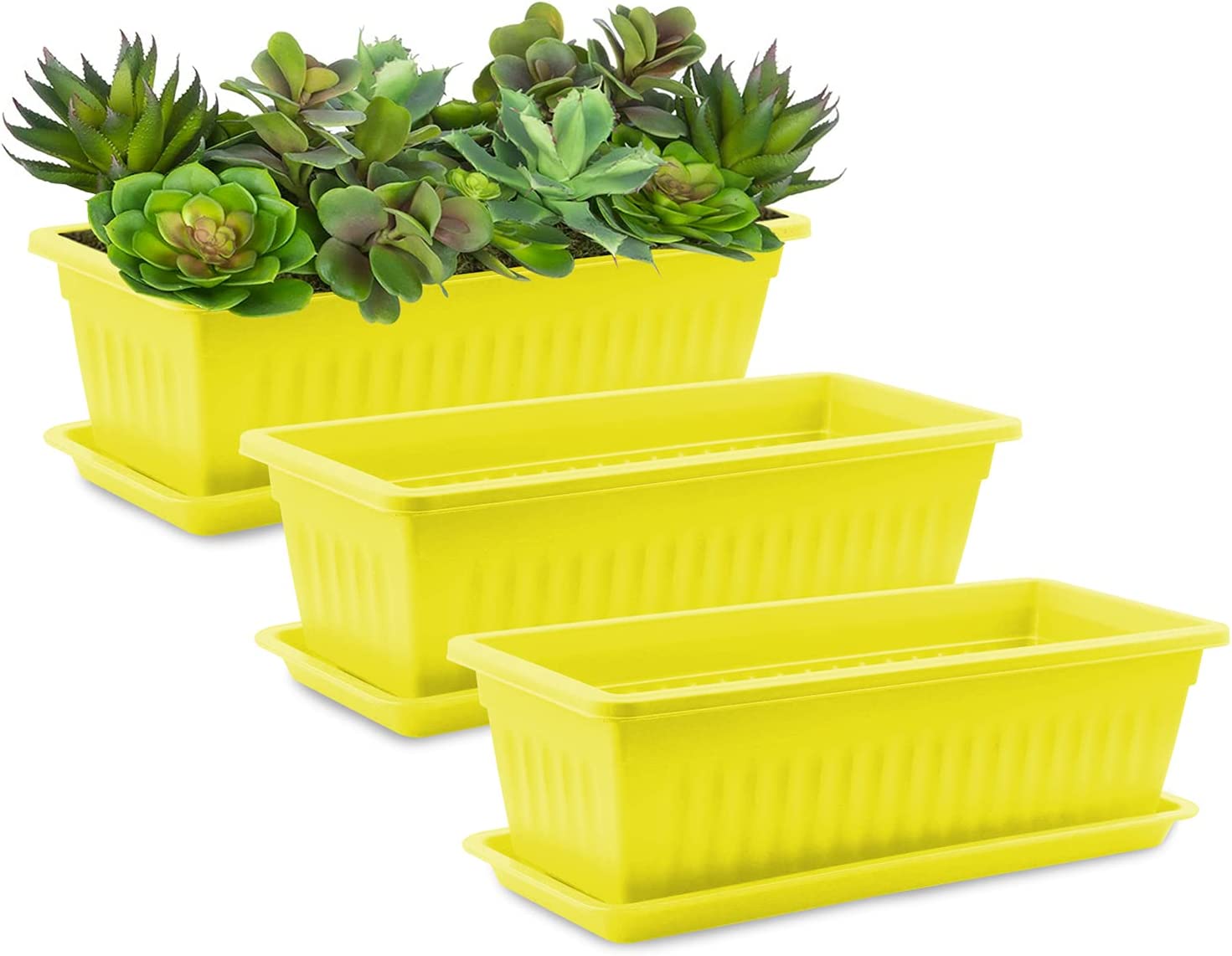 17 Inch Rectangular Plastic Thicken Planters with Trays - Window Planter Box for Outdoor and Indoor Herbs, Vegetables, Flowers and Succulent Plants (1 Pack Yellow) - image 2 of 8
