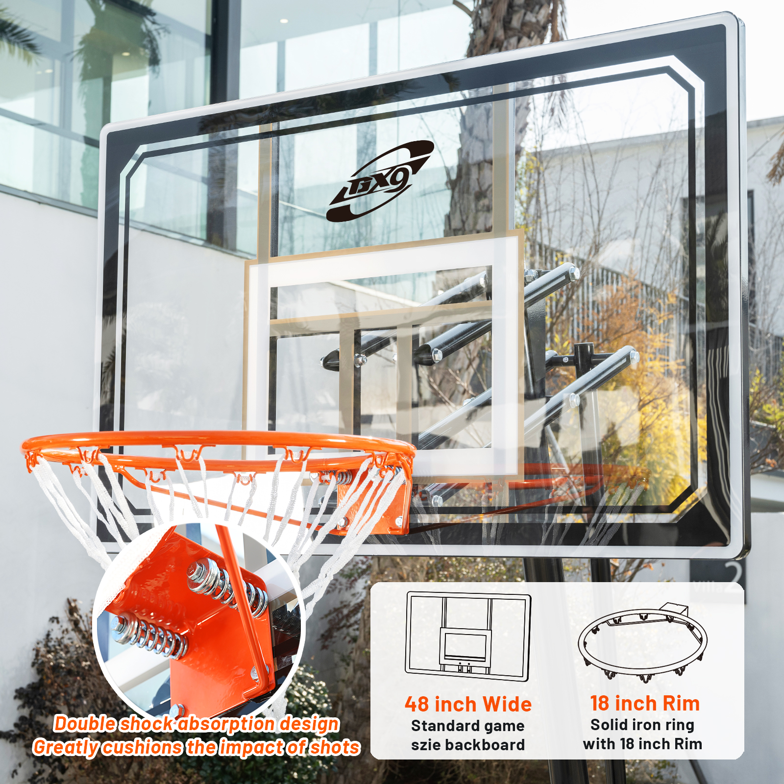 Basketball Hoop Outdoor Portable 44/48 Inch Backboard, 10ft Adjustable Basketball Goal System with Wheels for Court/Backyard/Driveway