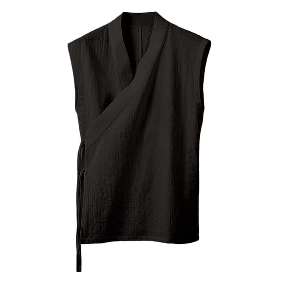 XIAOCHA Men's Linen Blend Vest Wrap Front Tie Closure Top Breathable Minimalist Casual Shirt