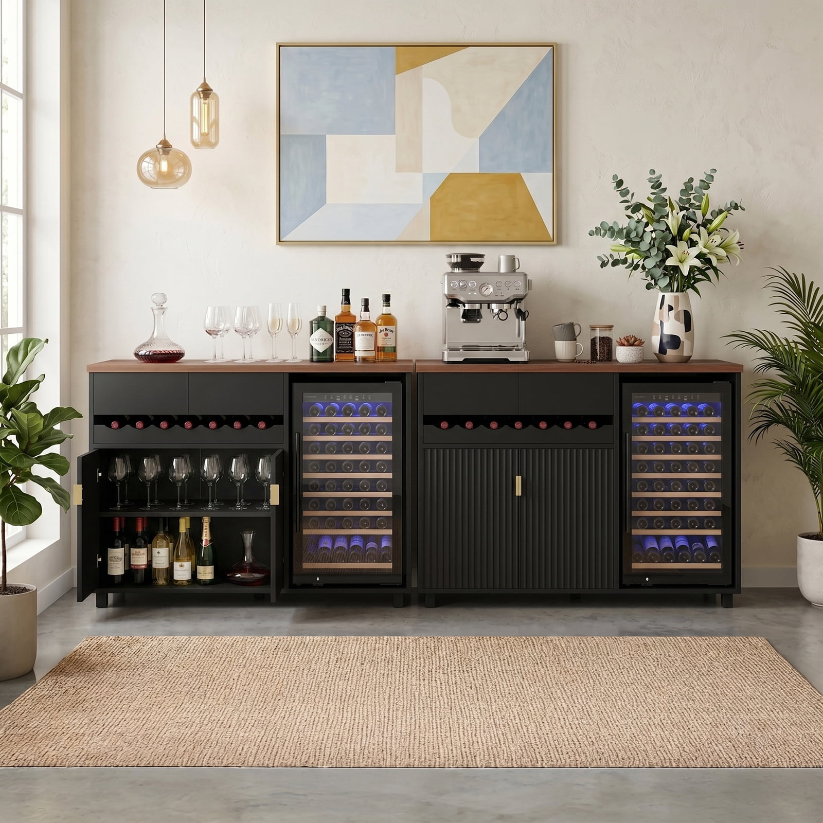 Advwin Wine Bar Cabinet with Mini Fridge Space & Power Outlet, Fluted Door Coffee Bar Cabinet with Sliding Wine Rack, Modern Buffet Sideboard for Kitchen, Dining Room & Home Bar, Black+Walnut