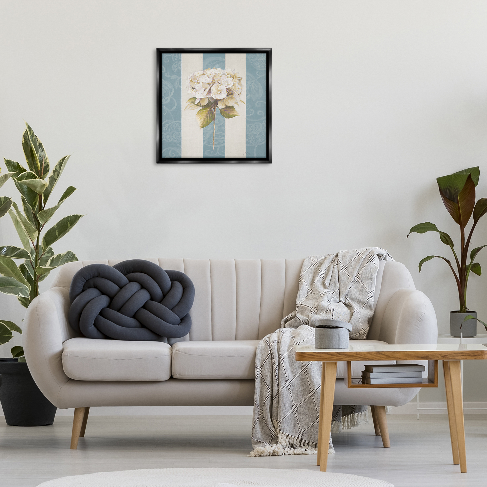 Stupell Industries Hydrangea Sprig on Stripes Plants & Flowers Painting Black Floater Framed Canvas Art Print Wall Art, 25 x 25