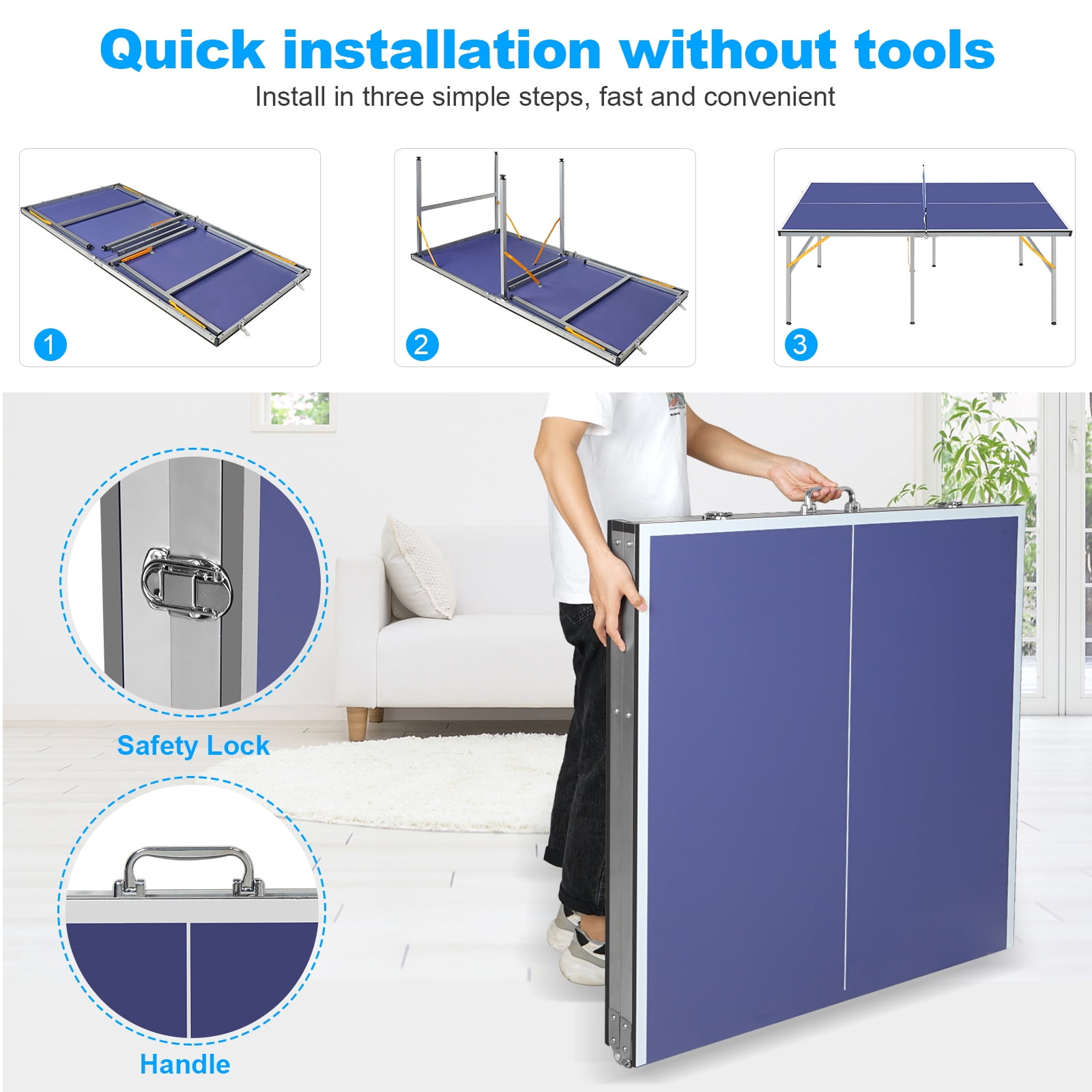 POVANLI 6FT (72''L x 36''W x 30''H) Mid-Size Table Tennis Table Foldable & Portable Ping Pong Table Set with Net and 2 Pin Pong Paddles and 3 Balls for Indoor Outdoor Game & Home entertainment (Blue)
