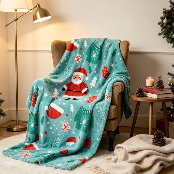 Ouuluon Soft Warm Christmas Blanket, 28x39 inch Festive Santa Patterned Throw for Sofa Bed Holiday Decor