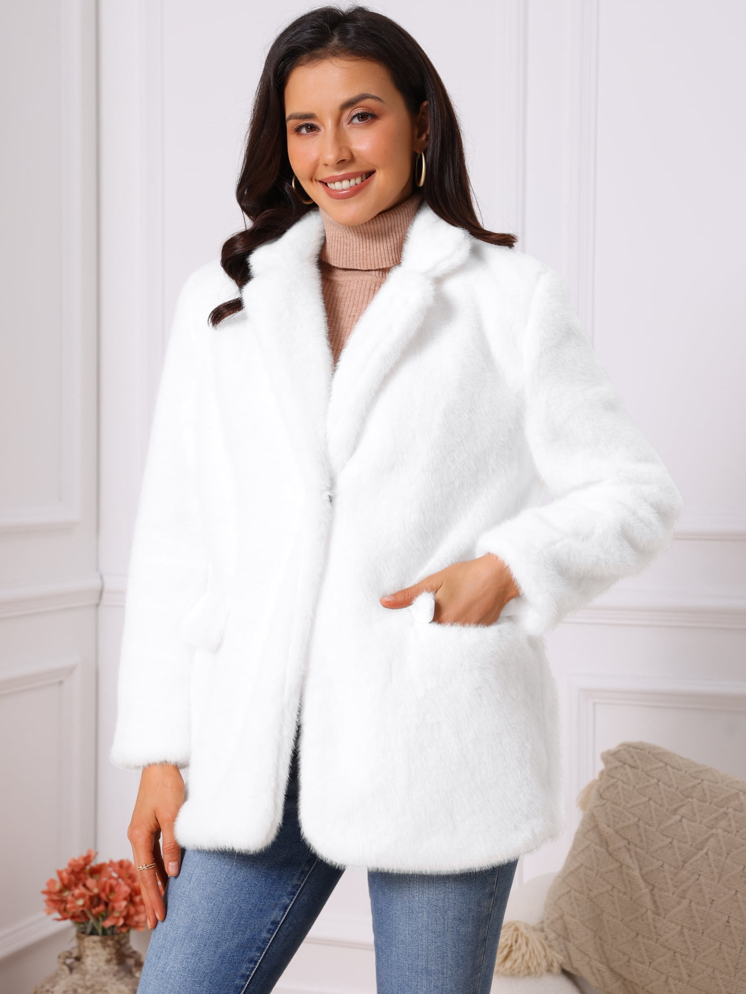 DARING DIVA Women's Faux Fur Coat Open Front Notch Lapel Jacket L White