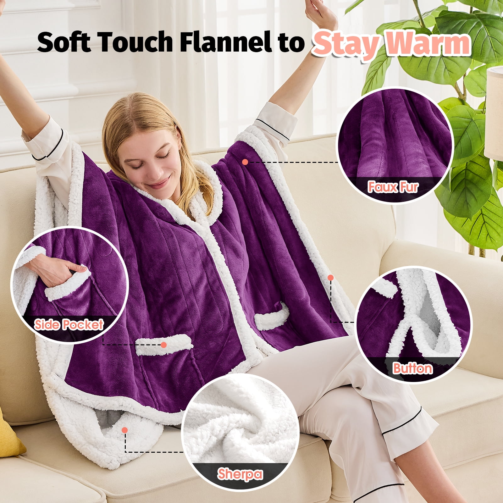 PMONPA Wearable Heated Throw Blanket for Adult, Electric Heated Wrap Poncho Shawl with Pockets, 6 Heating Levels & 2 to 10 Hours Time Settings, 51" x 61", Purple