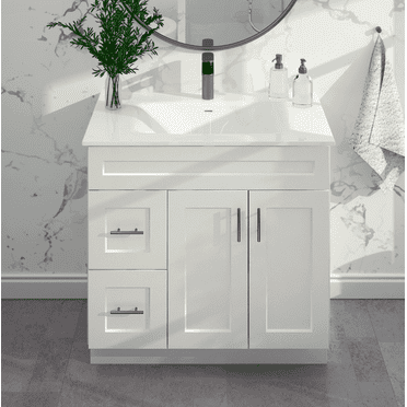 White Shaker Bathroom Vanity Sink Base with Drawers 36" Ready-to-Assemble Cabinet