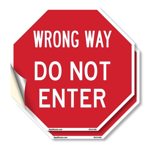 Wrong Way Do Not Enter (2 Pack) 4 inch X 4 inch Octagon Vinyl Label Decal Sticker Weather Resistant, UV Protected for Workplace, Private Property, and Construction Site, Made in the USA