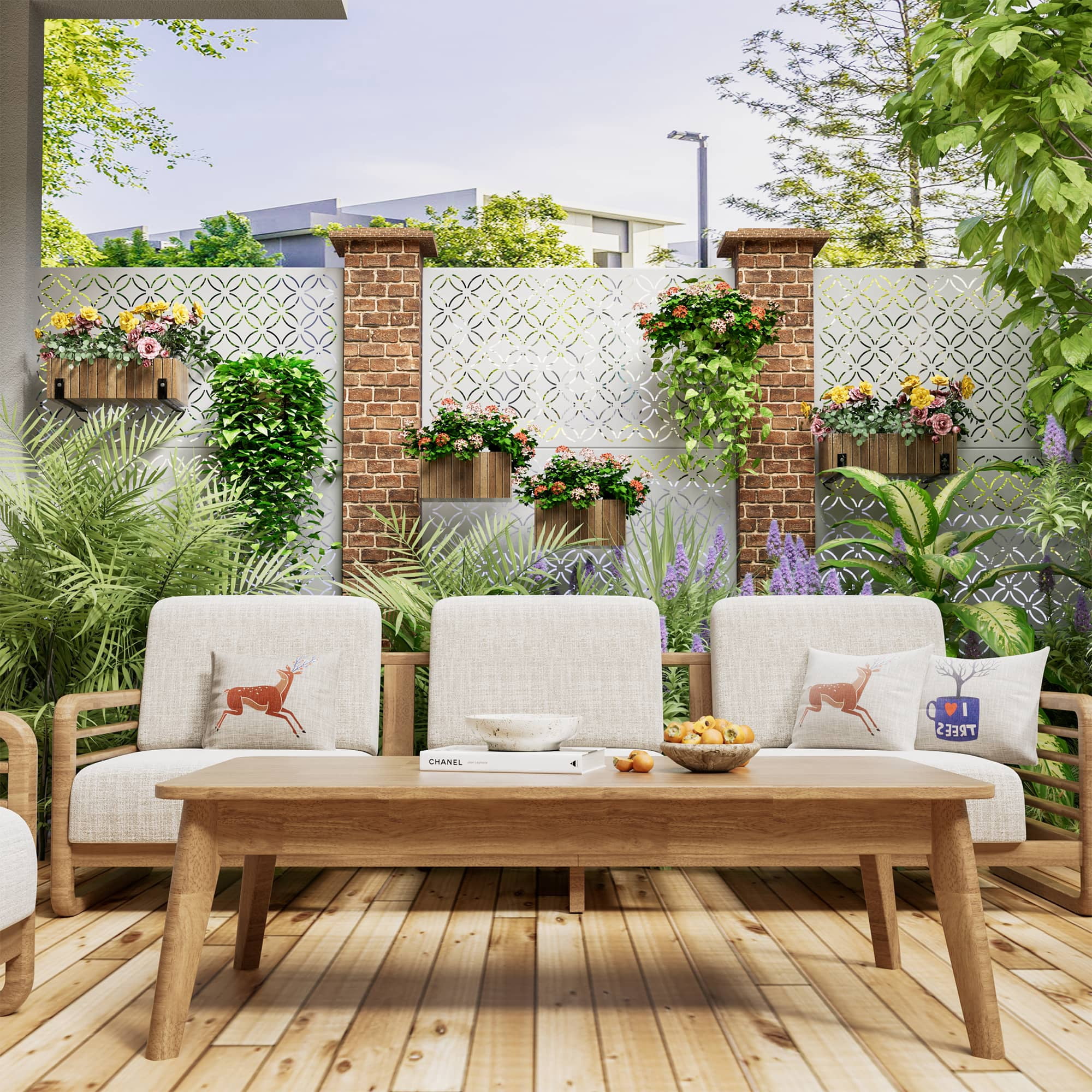 MAYEERTY 72" × 47" Outdoor Privacy Screen, 3 Panels Metal Decorative Screen, White