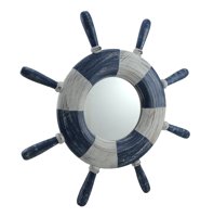 Distressed Finish Blue and White Ship Wheel Wooden Wall Mirror