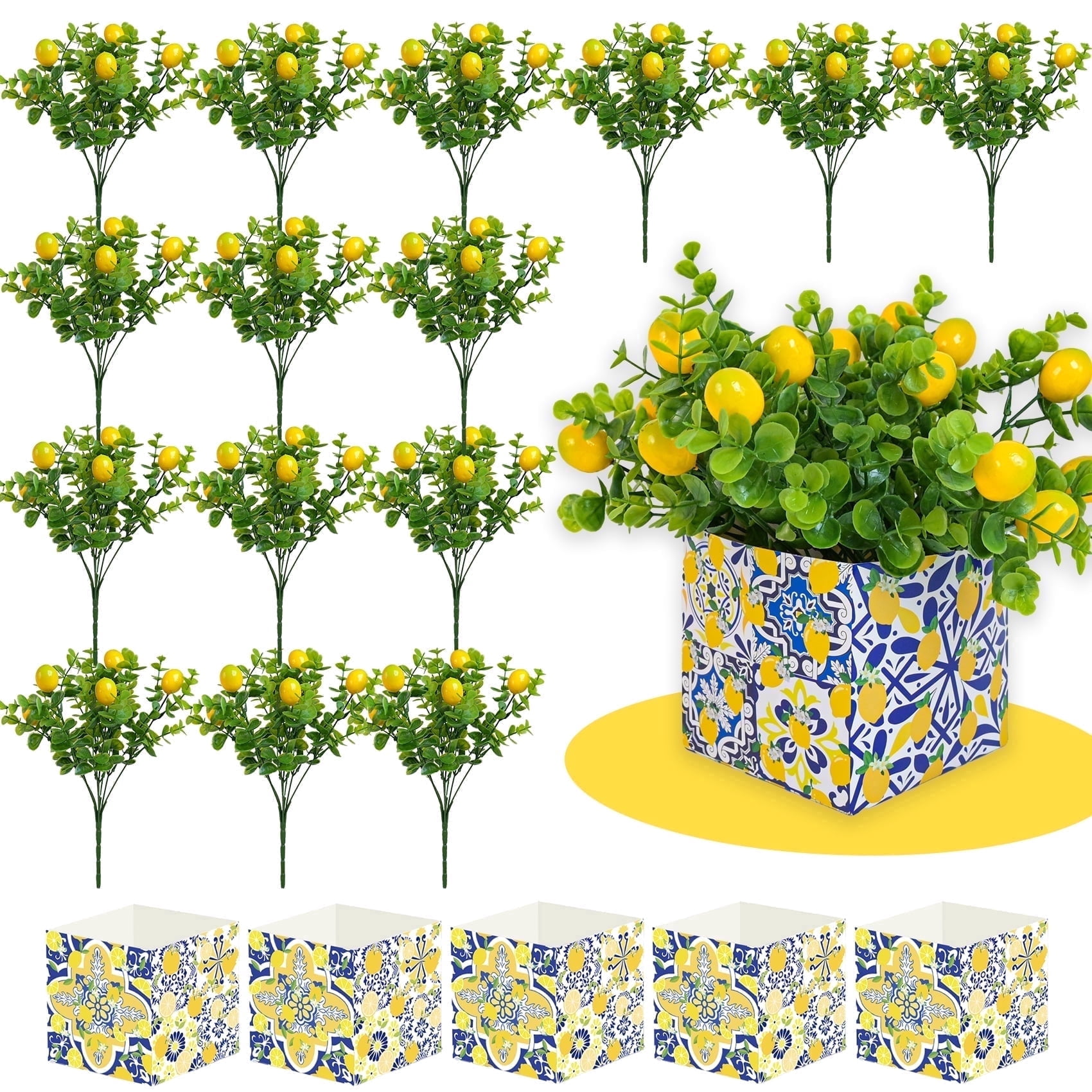Lemon Party Decorations Amalfi Coast Decor-5 Sets Blue Tiles Lemon Table Centerpiece with Artificial Lemon Branches for Mediterranean Wedding Baby Shower Capri Positano Themed Party Supplies