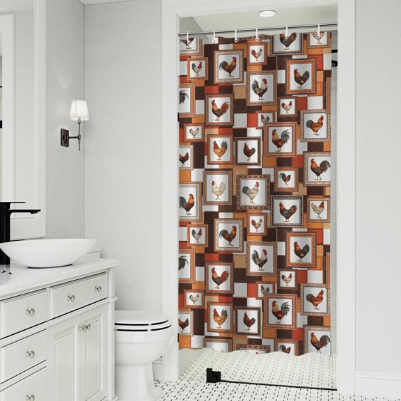 Rooster and Frame Brown Pattern Modern Waterproof Shower Curtain Set with 12 Hooks, Washable Decorative Bathroom Shower Curtain