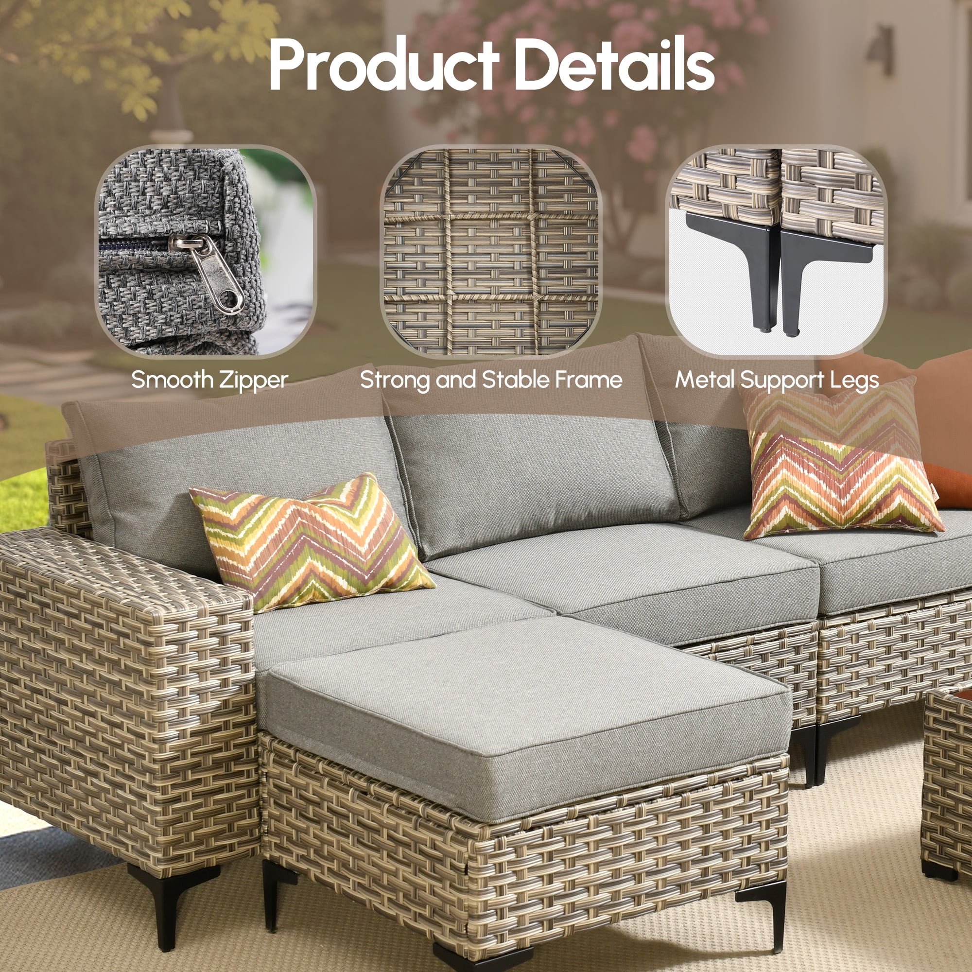 Vcatnet 8 Pieces Patio Furniture Sets with Fire Pit Wicker Outdoor Conversation Sectional Sofa with Swivel Rocking Chairs and Side Table, Dark Gray