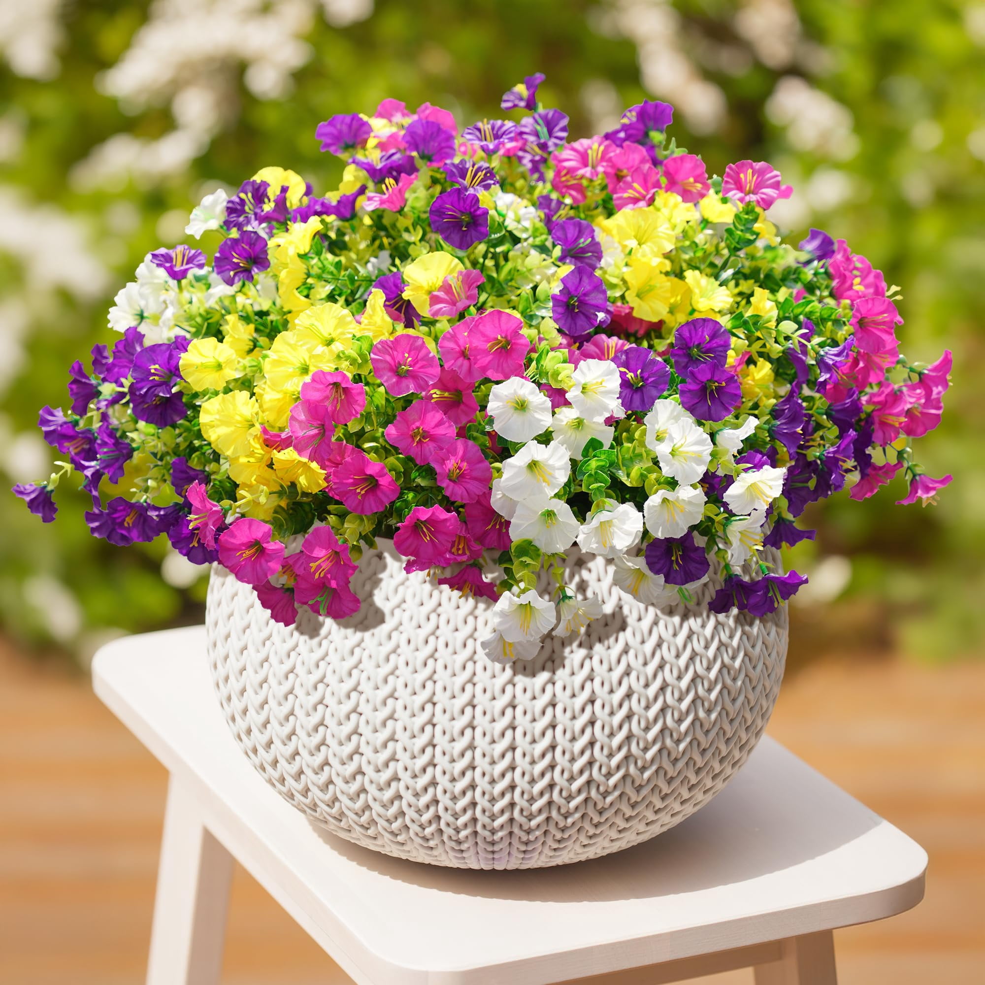 Artificial Outdoor Flowers Fake Plants for Spring Summer Decoration,12 Bundles Silk Morning Glory Eucalyptus