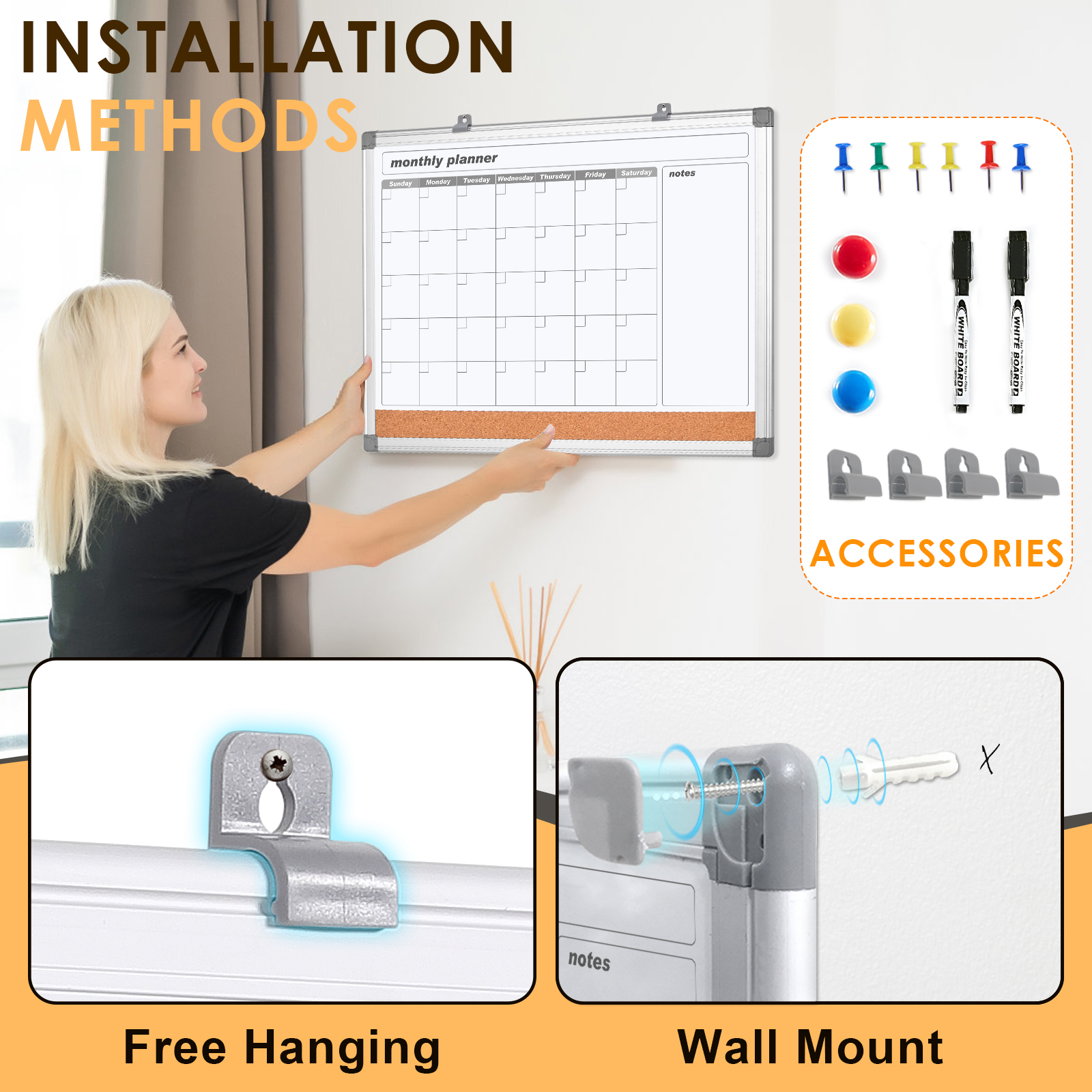 Swancrown 3-in-1 Dry Erase Calendar & Cork Board 24x18 photo 6