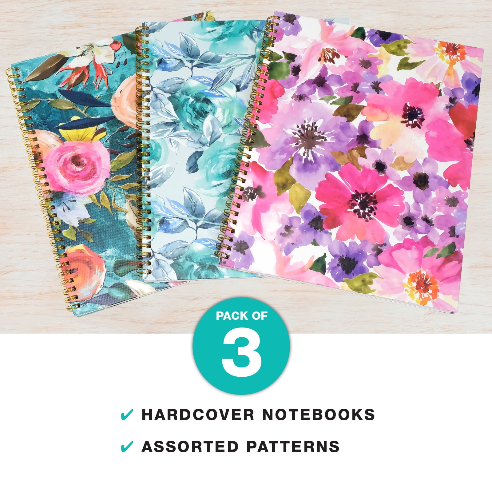 8.5x11" Fashion Spiral Notebook, 3-Pack, 120 Pages, College Ruled (Floral)