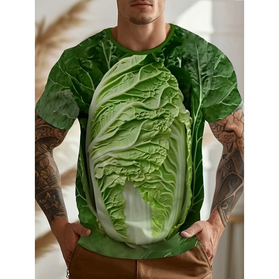 Men's full body printed cabbage pattern T-shirt - cabbage leaf and stem design, round neck short-sleeved casual summer wear, suitable for theme parties and daily wear (machine washable)
