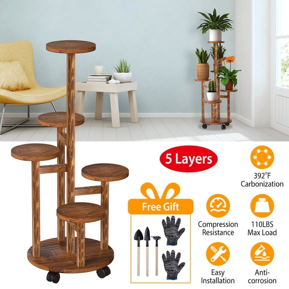 (Huayusheng)-- 5 Tier Plant Stand With 4 Detachable Wheels Wooden Plant Pot Rolling Shelf Plant Display Rack For Indoor Outdoor Decoration **--(k;;.p; )
