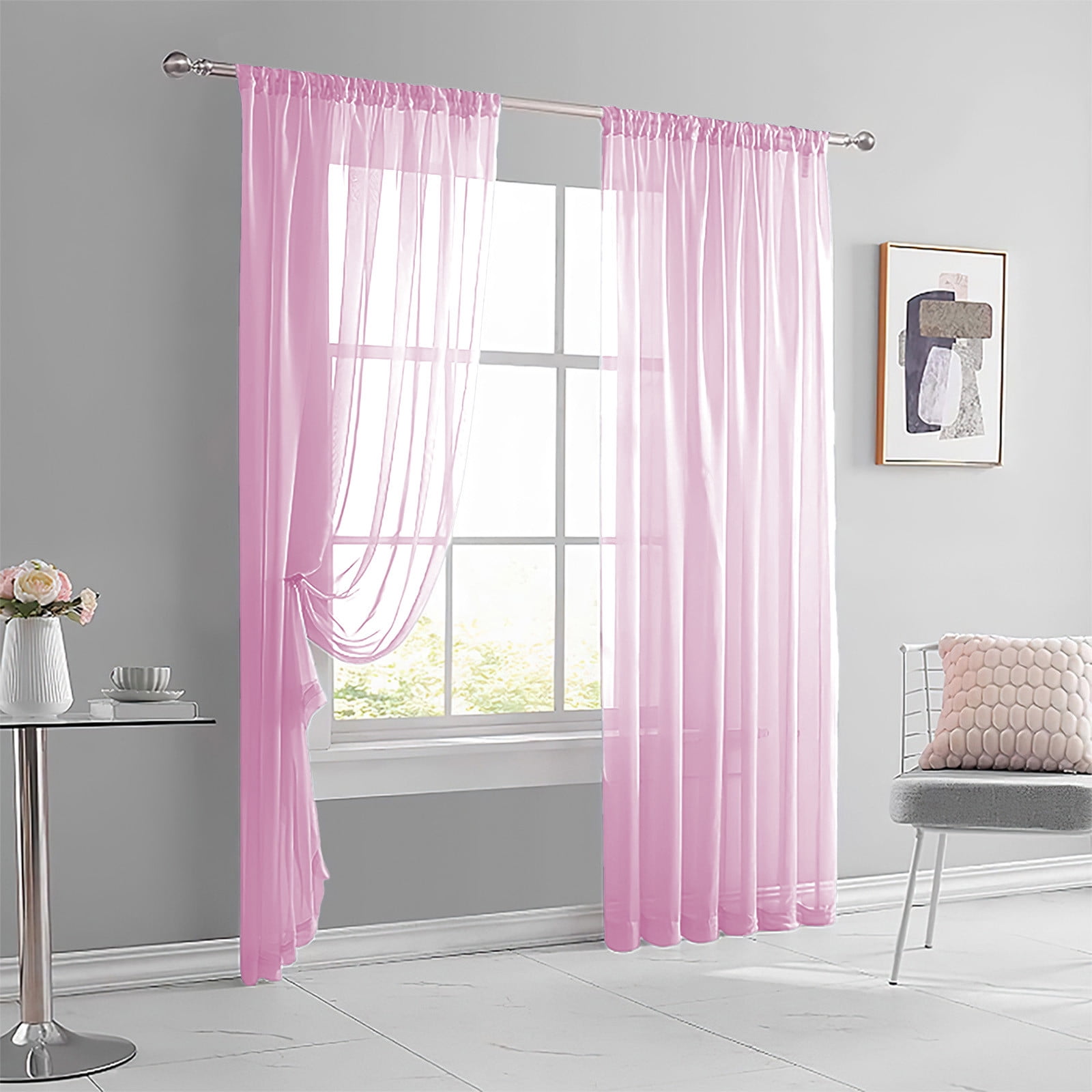 Basic Rod Pocket Sheer Voile Window Curtain Panels, Single-Panel, Kitchen Bedroom Children Living Room Yard (Pink)