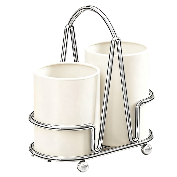 Dual Compartment Utensil Holder for Countertop, Silverware Caddy with Stainless Steel Frame & Removable Ceramic Inserts, Easy Clean Utensil Drainer Rack with Handle, Space Saving Beige White