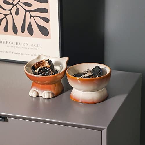 Elevated Cat/Dog Bowls Set : 5 Inch Ceramic Raised Cat Food & Water Bowl Set for Protecting Pet's Spine - Feeding & Watering Supplies for Pets - Elegant Brown (2 PC)