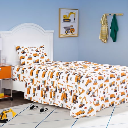Joyfy Twin Size Construction Vehicle Sheet Set for Boys – 3Pcs Soft Microfiber Kids Bed Sheets, Deep Pocket Fitted Sheet & Pillowcases, Wrinkle Fade Resistant Breathable Toddler Bedding