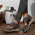 thumbnail image 2 of Rokment Women's Bling Rhinestones Fringe Platform Wedge Sandals Boho Beach Summer Fall Suede Peep Toe Espadrilles Chunky High Heels Dress Shoes Grey Size 8.5, 2 of 5