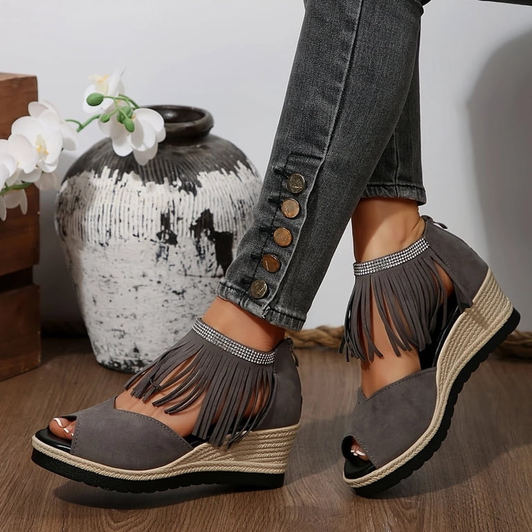 Rokment Women's Bling Rhinestones Fringe Platform Wedge Sandals Boho Beach Summer Fall Suede Peep Toe Espadrilles Chunky High Heels Dress Shoes Grey