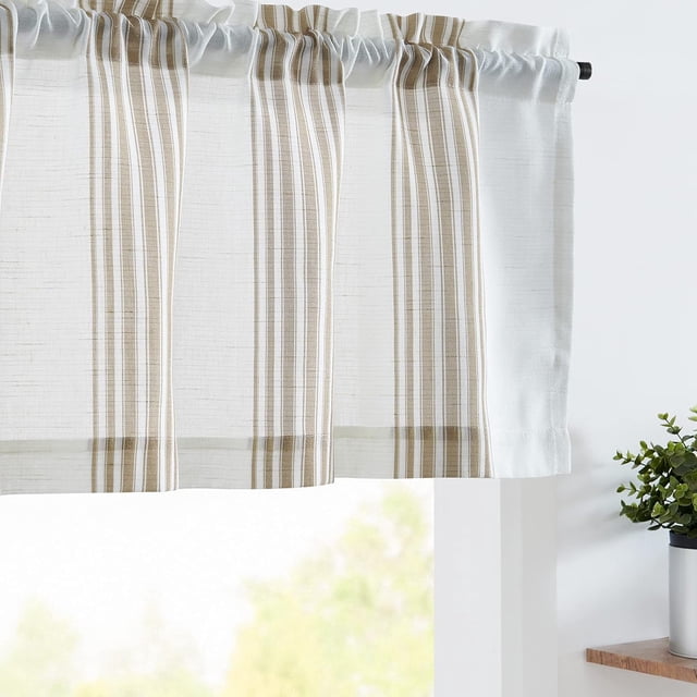 Striped Linen Valance Curtain 16 Inch Vertical Striped Valance for Kitchen Bathroom Light Filtering Window Treatment Rod Pocket Farmhouse Rustic Semi Sheer Short Window Curtain 1 Panel Taupe. A close-up view of the taupe vertical striped valance made of lightweight flax fabric, featuring a 2.5-inch rod pocket for easy installation. The semi-sheer design diffuses light while offering privacy, ideal for farmhouse-style kitchens, bathrooms, or other small windows.
