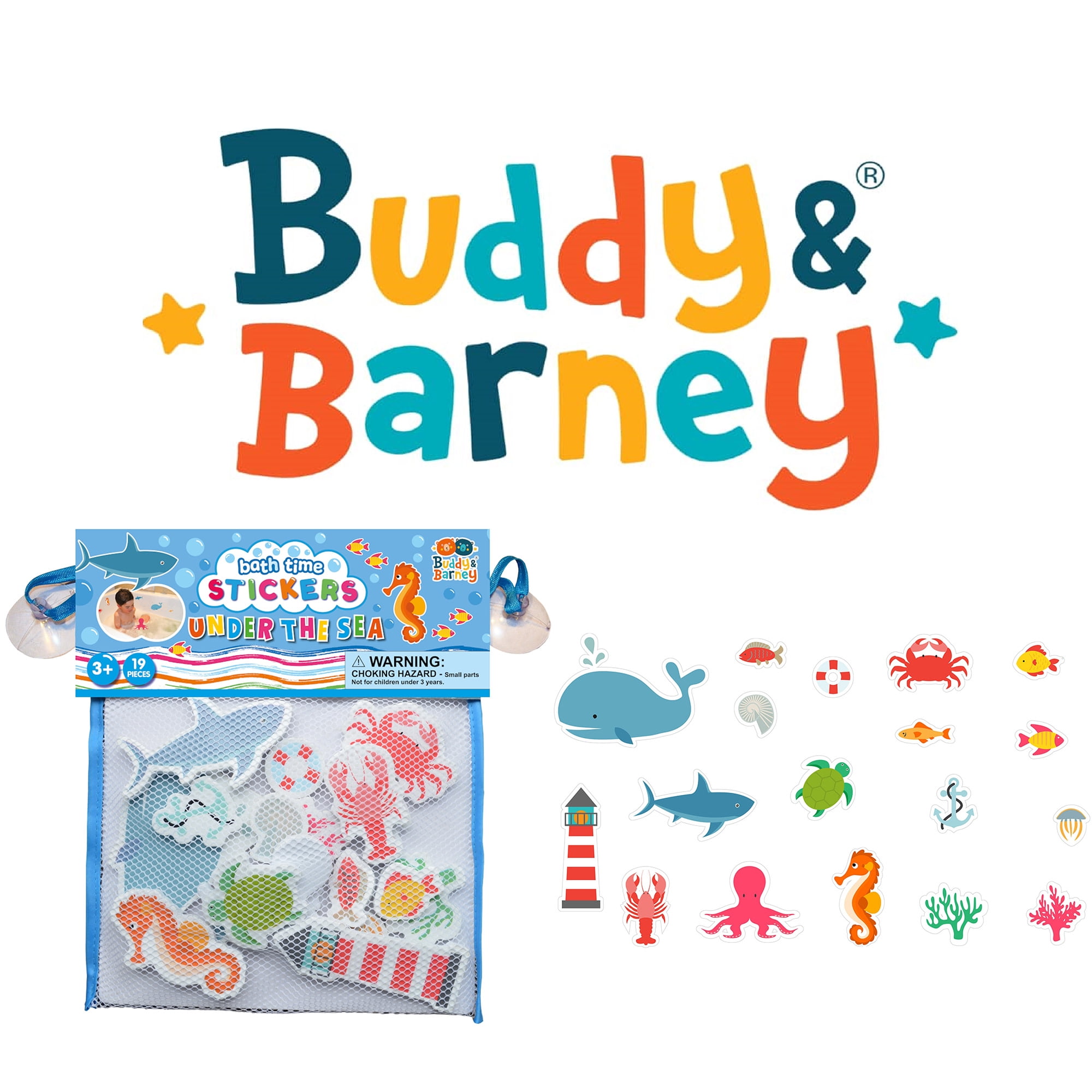 Buddy & Barney: Bath Time Stickers - Under the Sea - 18 Ocean Animal Character Foam Pieces, Suction Cup Mesh Storage Bag, Water & Tub Play Toy, Kid 3+