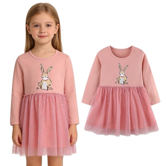 Toddler Girls Easter Dress Long Sleeve Bunny Print Dress Tulle Dress Girl Casual Dresses Cute Clothes for Girls 2-3 Years