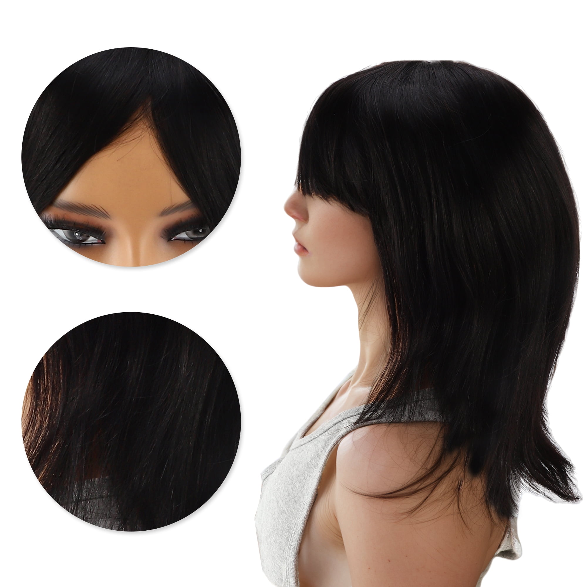 Unique Bargains 1 Pc Long Hair Straight Bangs Hair Wig Real Human Hair 12in Human Wig Black for Women