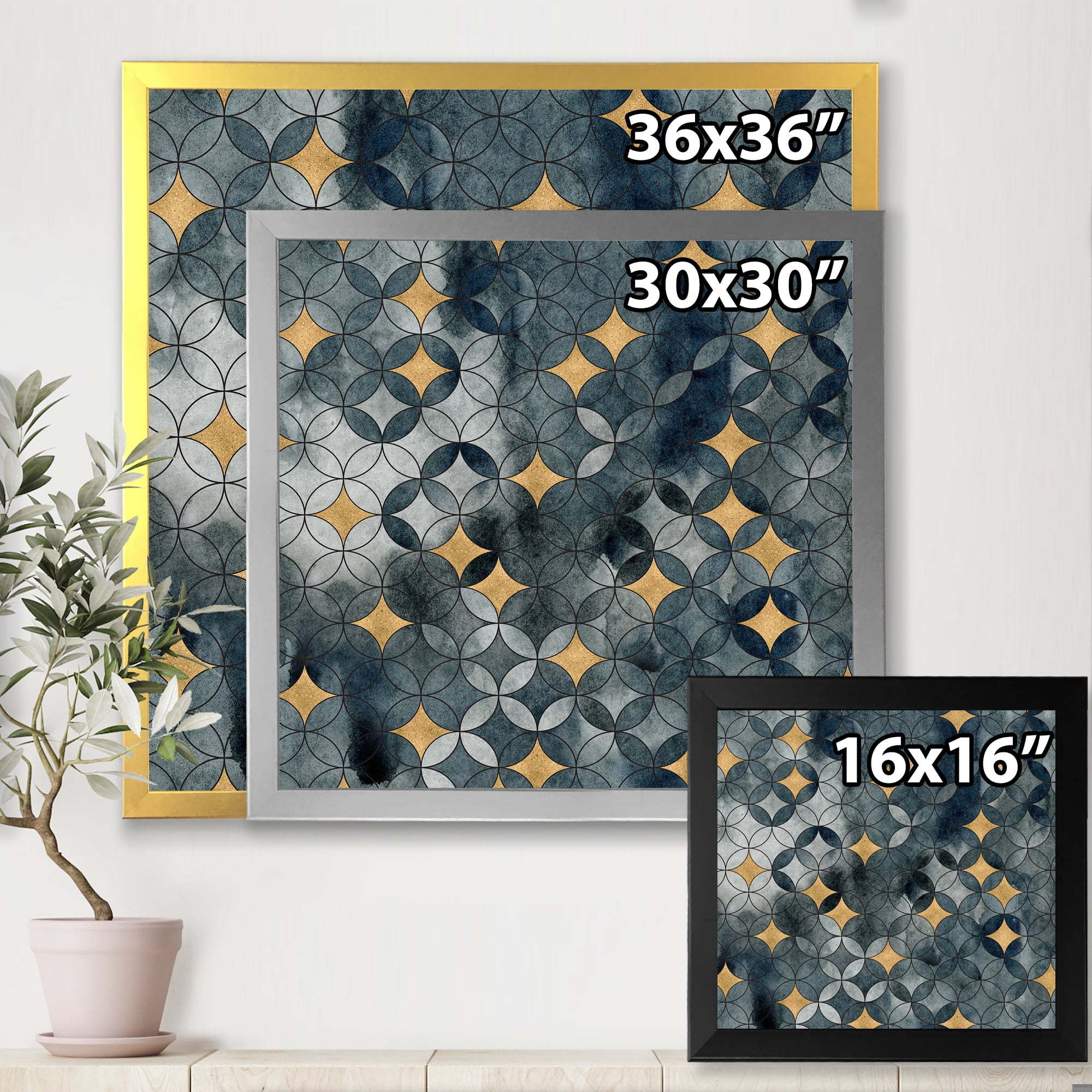 Designart 'Geometry Golden Stars With Intersecting Circles' Modern Framed Art Print