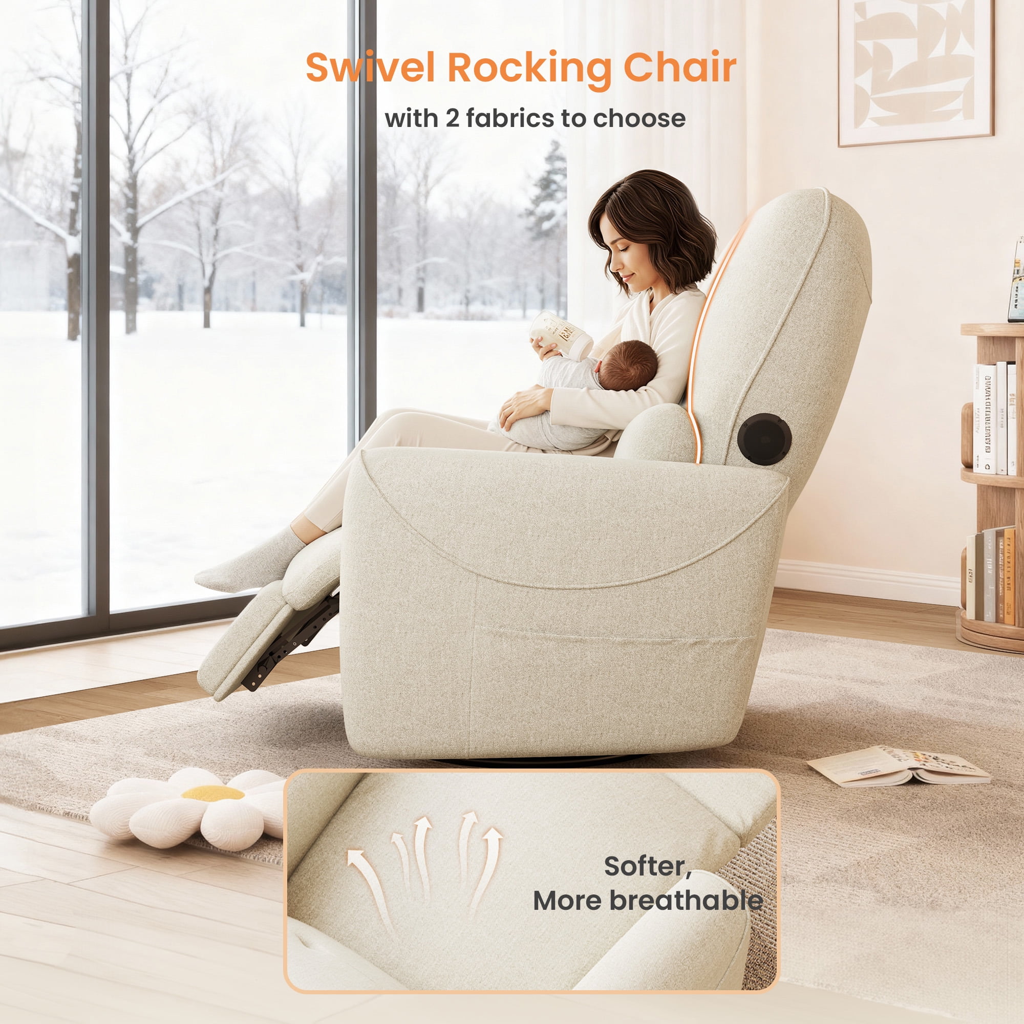 SERWALL Nursery Rocking Chair with 270° Swivel, Swiverl Glider Rocking Chair with USB-C Port & Speaker, Beige