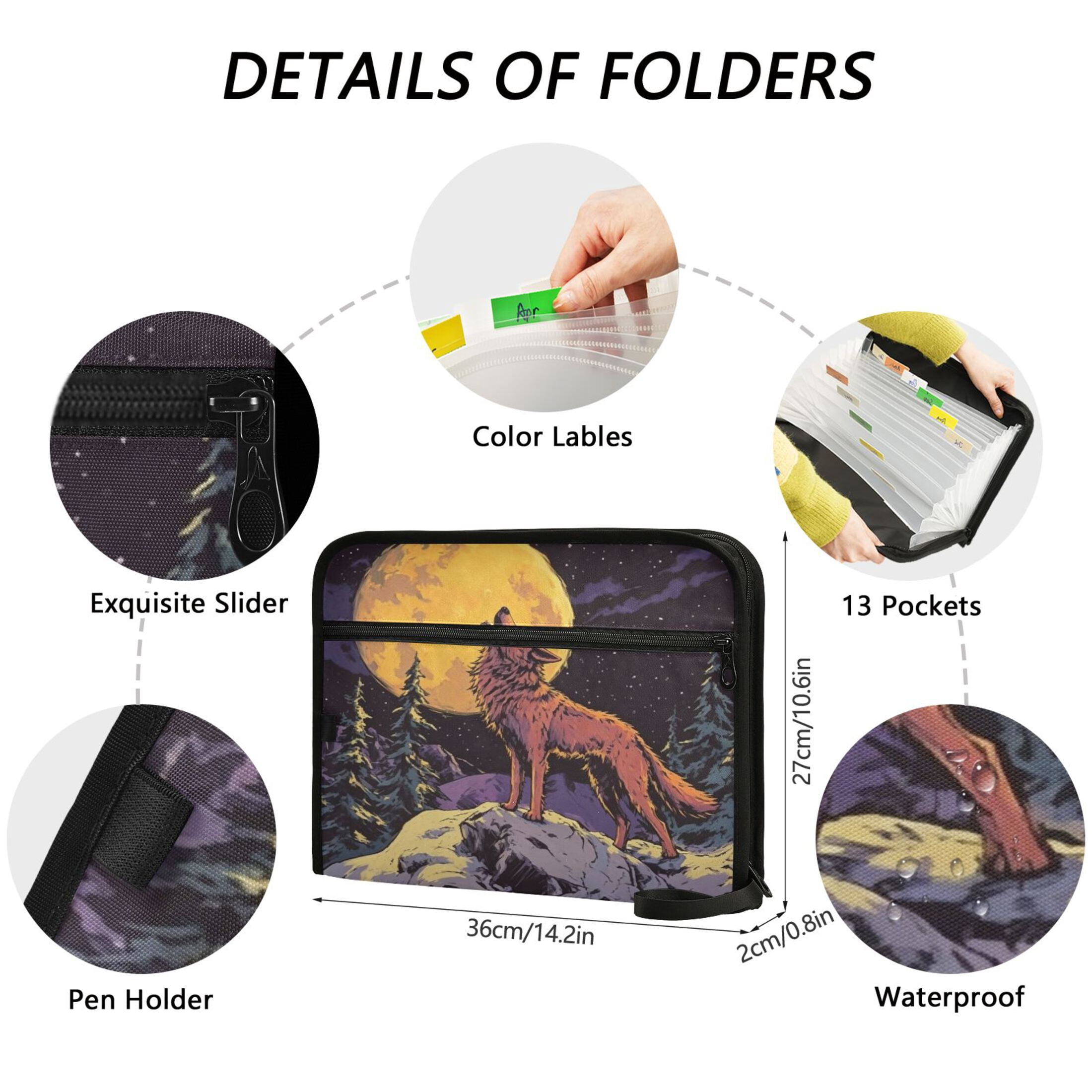 13-Pocket Expanding File Folder—Nylon Accordion File Organizer with Handwritten Labels, Moon Wolf