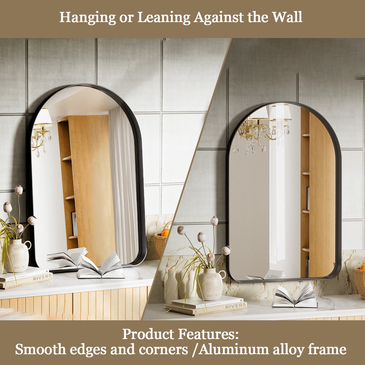Gleamira 36"x48" Arched Bathroom Wall Mirror Rounded Corner Vanity Mirror with Metal Frame, Black